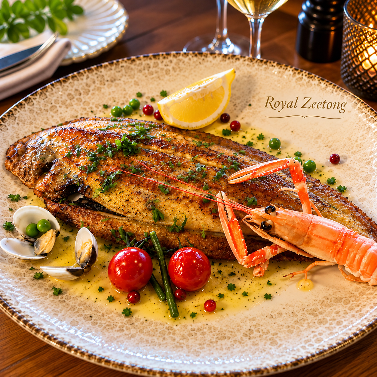 Grote gebakken Zeetong met Langoustine